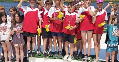 Na zdjęciu widać uczniów SP Czerwonak z osady klas 1-5, którzy unoszą puchar i medale za zwycięstwo regat. Wszyscy są ubrani w koszulki biało-czerwone. W tle widać tor regatowy Malta oraz nasyp z drzewami.
