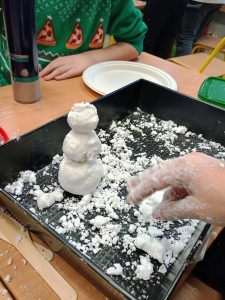 Na czarnej blaszce ulepiony jest bałwan składający się z 3 kul.