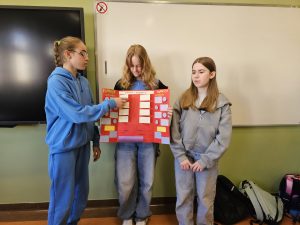 Dziewczęta omawiają przygotowanego przez siebie lapbooka