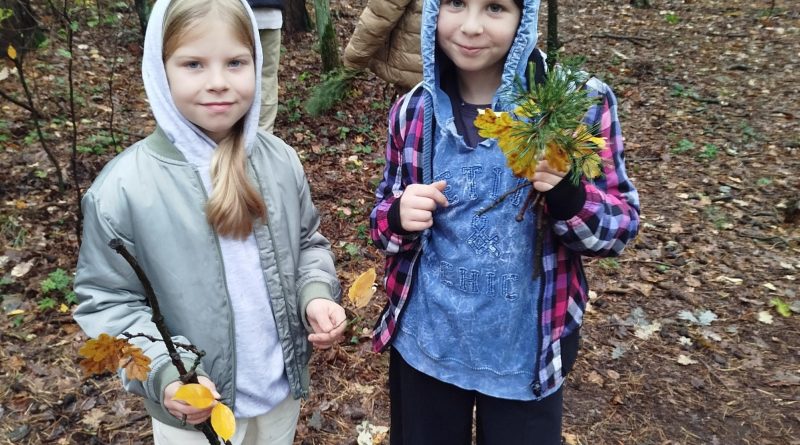 Uczniowie trzymający w dłoniach różne gatunki liści oraz kije. Dzieci starały się rozpoznać nazwę drzewa z którego pochodzą.