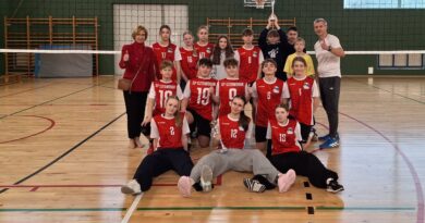 Zdjęcie to przedstawia zwycięską reprezentację dziewcząt i chłopców ze Szkoły Podstawowej w Czerwonaku. Są to uczniowie byłej klasy sportowej, która nie miała większych problemów aby wygrać w Gminnych Mistrzostwach Piłki Siatkowej klas 7-8. Ubrani są w stroje sportowe koloru czerwonego. Ustawieni w trzech szeregach. Pierwszy siedzi, drugi klęczy a trzeci stoi. Po lewej stronie stoi Pani Dyrektor Magdalena Zielenkiewicz a po prawej nauczyciel wychowania fizycznego Karol Pabisiak. W rękach uczniów znajdują się puchary za dwa pierwsze miejsca w zawodach. W tle widać siatkę oraz zieloną ścianę hali AKWEN w Czerwonaku.