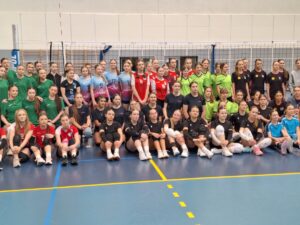 Jest to zdjęcie grupowe z turnieju dziewcząt Igrzysk Młodzieży Szkolnej na szczeblu powiatowym. 16 reprezentacji ustawieni są do wspólnego zdjęcia. Wszystkie zawodniczki mają stroje w barwach swoich szkół. W centralnym miejscu zdjęcia widać reprezentacje SP Czerwonak. Dziewczyny mają koszulki w barwach biało-czerwonym oraz logo szkoły. Za uczestniczkami widać siatkę oraz jasną ścianę hali w Rokietnicy.