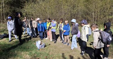 Uczniowie stojący w lesie aktywnie uczestniczą w lekcji outdoorowej.